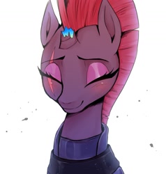 Size: 1131x1189 | Tagged: safe, artist:hosikawa, character:fizzlepop berrytwist, character:tempest shadow, species:pony, species:unicorn, my little pony: the movie (2017), :3, adorable face, armor, blushing, broken horn, bust, cute, eye scar, eyes closed, eyeshadow, female, horn, makeup, mare, portrait, pretty pretty tempest, scar, simple background, smiling, solo, sparkles, tempestbetes, when she smiles, white background