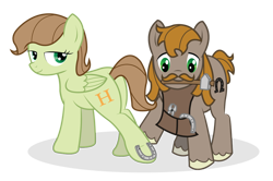 Size: 1024x680 | Tagged: safe, artist:icaron, oc, oc only, oc:saga, species:earth pony, species:pegasus, species:pony, facial hair, farrier, female, horseshoes, male, moustache, show accurate, vector
