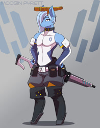 Size: 792x1009 | Tagged: safe, artist:mopyr, oc, oc only, oc:moosin, species:anthro, boots, clothing, collar, fantasy, femboy, gloves, gun, horn, long gloves, male, outfit, pouch, samurai punk, science fiction, shoes, skintight clothes, solo, story included, weapon