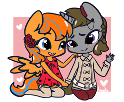 Size: 1212x995 | Tagged: safe, artist:lilliesinthegarden, oc, oc:cold front, oc:disty, species:anthro, species:pegasus, species:pony, species:unicorn, belt, bow, chibi, clothing, crossdressing, cute, dress, ear piercing, earring, femboy, flower, flower in hair, garters, gay, heart, heart eyes, holding hands, holiday, jewelry, looking at each other, male, piercing, stockings, thigh highs, valentine's day, wingding eyes