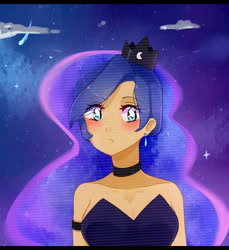 Size: 2034x2220 | Tagged: safe, artist:emily-826, character:princess luna, species:human, bare shoulders, bust, female, humanized, night, portrait, sleeveless, solo, strapless