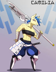 Size: 792x1009 | Tagged: safe, artist:mopyr, oc, oc only, oc:camilia, species:anthro, clothing, fantasy, hand wraps, outfit, samurai punk, scar, science fiction, smiling, smirk, solo, weapon