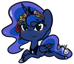 Size: 1276x1119 | Tagged: safe, artist:lilliesinthegarden, character:princess luna, species:alicorn, species:pony, blushing, chibi, crown, cute, female, floral head wreath, flower, heart eyes, hoof shoes, jewelry, lunabetes, peytral, prone, regalia, simple background, solo, white background, wingding eyes