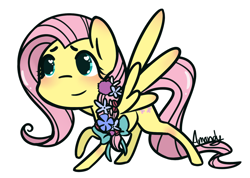 Size: 1280x913 | Tagged: safe, artist:lilliesinthegarden, character:fluttershy, species:pegasus, species:pony, blushing, bow, chibi, cute, female, flower, flower in hair, hair bow, heart eyes, shyabetes, simple background, solo, white background, wingding eyes
