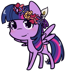 Size: 1169x1288 | Tagged: safe, artist:lilliesinthegarden, character:twilight sparkle, character:twilight sparkle (alicorn), species:alicorn, species:pony, blushing, chibi, cute, female, floral head wreath, flower, flower in hair, heart eyes, simple background, solo, twiabetes, white background, wingding eyes