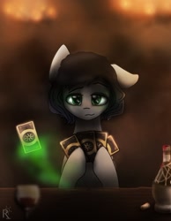 Size: 788x1013 | Tagged: safe, artist:radioaxi, oc, species:pony, alcohol, card, glass, green eyes, magic, solo, table, wine, wine bottle, wine glass, witcher