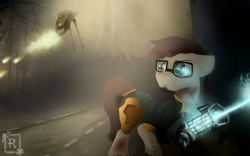 Size: 1800x1125 | Tagged: safe, artist:radioaxi, species:earth pony, species:pony, citadel, cyborg, determined, determined look, energy weapon, glasses, gordon freeman, gravity gun, half-life, hev suit, laser, male, physgun, ponified, road, serious, serious face, solo, stallion, strider, synth, weapon