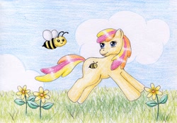 Size: 1220x851 | Tagged: safe, artist:normaleeinsane, character:bumblesweet, character:honeybuzz, species:pony, bee, cloud, flower, grass, solo, traditional art