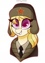Size: 1535x2126 | Tagged: safe, artist:php97, character:march gustysnows, species:pony, bust, clothing, communism, cyrillic, eye clipping through hair, female, hammer and sickle, hat, kgb, mare, russian, solo, soviet, soviet union, ushanka