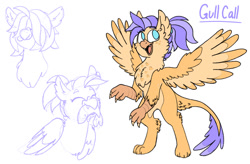 Size: 1280x838 | Tagged: safe, artist:sandwichbuns, oc, oc only, oc:gull call, parent:gilda, parent:princess skystar, female, fish, hair over eyes, hippogriffon, hybrid, magical lesbian spawn, mouth hold, offspring, rearing, simple background, sketch, solo, spread wings, white background, wings