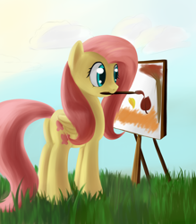 Size: 1400x1600 | Tagged: safe, artist:sokolas, character:fluttershy, brush, female, leaves, painting, solo