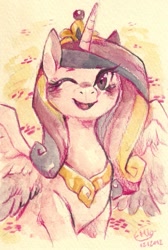 Size: 467x694 | Tagged: safe, artist:mi-eau, character:princess cadance, species:alicorn, species:pony, bust, cute, cutedance, female, looking at you, mare, open mouth, portrait, smiling, solo, spread wings, traditional art, wings, wink