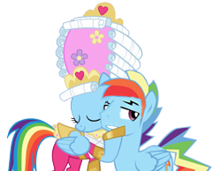 Size: 696x540 | Tagged: safe, artist:kayman13, artist:trotsworth, character:rainbow dash, species:pony, episode:swarm of the century, g4, my little pony: friendship is magic, blushing, clothing, dashblitz, dashie antoinette, dress, embarrassed, female, holding head, i love you, love, male, ponidox, powdered wig, rainbow blitz, rainbow dash always dresses in style, rule 63, self ponidox, selfcest, shipping, simple background, straight, transparent background, wig