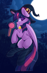 Size: 1772x2717 | Tagged: safe, artist:php97, character:twilight sparkle, character:twilight sparkle (alicorn), species:alicorn, species:pony, g4, bell, bell collar, candy, clothing, collar, colored pupils, eyebrows, eyebrows visible through hair, female, flying, food, full moon, glowing horn, hat, lollipop, looking at you, magic, mare, missing cutie mark, moon, panties, profile, smiling, socks, solo, stockings, striped socks, telekinesis, thigh highs, underwear, witch hat