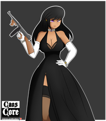Size: 3500x4000 | Tagged: safe, artist:caoscore, character:octavia melody, species:human, bracelet, breasts, busty octavia, chicago typewriter, choker, cleavage, clothing, dress, drum magazine, evening dress, evening gloves, female, gloves, gun, humanized, jewelry, long gloves, m1921, mafia, mafia octavia, moderate dark skin, necklace, pearl necklace, side slit, solo, stockings, submachinegun, thigh highs, tommy gun, weapon