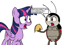 Size: 1897x1325 | Tagged: safe, artist:eagc7, character:twilight sparkle, character:twilight sparkle (alicorn), species:alicorn, species:pony, episode:starlight the hypnotist, spoiler:interseason shorts, a bug's life, coccinellidaephobia, comic, crossover, dialogue, disney, fear, female, food, francis, insect, ladybug, male, mare, phobia, pixar, quesadilla, scared, simple background, terrified, text, they're just so cheesy, transparent background