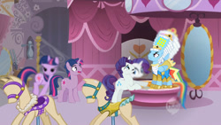 Size: 1280x720 | Tagged: safe, artist:trotsworth, edit, edited screencap, screencap, character:rainbow dash, character:rarity, character:twilight sparkle, oc:dusk shine, species:pony, episode:swarm of the century, g4, my little pony: friendship is magic, bridle, carousel boutique, clothing, costume, dress form, dressup, ei, elusive, hub logo, hubble, indoors, interior, mannequin, out of context, pins, powdered wig, rainbow blitz, rainbow blitz always dresses in style, rule 63, saddle, tack, talking, the hub, trying too hard, wig