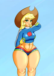 Size: 1800x2500 | Tagged: safe, artist:albertbm, character:applejack, equestria girls:forgotten friendship, g4, my little pony: equestria girls, my little pony:equestria girls, abs, applebucking thighs, belly button, clothing, cowboy hat, female, hat, i can't believe it's not sundown, midriff, smiling, solo, stetson, swimsuit, wide hips