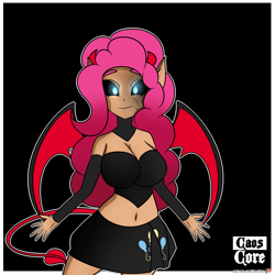 Size: 4000x4000 | Tagged: safe, artist:caoscore, character:pinkie pie, species:human, belly button, breasts, cleavage, clothing, costume, demon, female, humanized, light skin, midriff, miniskirt, pleated skirt, skirt, smiling, smirk, solo, wings