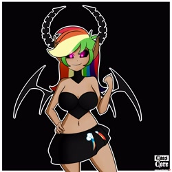 Size: 4000x4000 | Tagged: safe, artist:caoscore, character:rainbow dash, species:human, belly button, breasts, cleavage, clothing, costume, demon, female, humanized, light skin, midriff, miniskirt, pleated skirt, skirt, smiling, smirk, solo, wings