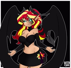 Size: 4000x3800 | Tagged: safe, artist:caoscore, character:sunset shimmer, species:human, belly button, breasts, cleavage, clothing, costume, demon, female, humanized, light skin, midriff, miniskirt, pleated skirt, skirt, smiling, smirk, solo, wings