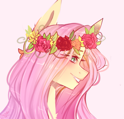 Size: 755x723 | Tagged: safe, artist:emily-826, character:fluttershy, species:pony, bust, chest fluff, cute, female, floral head wreath, flower, mare, pink background, portrait, profile, shyabetes, simple background, solo