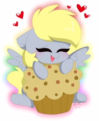 Size: 3312x4032 | Tagged: safe, artist:kittyrosie, character:derpy hooves, species:pegasus, species:pony, blushing, cute, derpabetes, female, food, heart, muffin, open mouth, solo