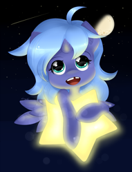 Size: 782x1025 | Tagged: safe, artist:secret-pony, character:princess luna, species:alicorn, species:pony, ahoge, cute, female, filly, looking at you, looking up, moon, night, open mouth, sky, smiling, solo, stars, tangible heavenly object, tooth gap, woona, younger