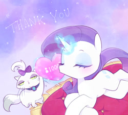 Size: 1280x1152 | Tagged: safe, artist:kkmrarar, character:opalescence, character:rarity, species:pony, species:unicorn, bow, cat, eyes closed, female, glowing heart, hair bow, heart, kissing, magic, mare, telekinesis, thank you