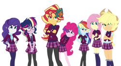 Size: 1280x700 | Tagged: safe, artist:bezziie, character:applejack, character:fluttershy, character:pinkie pie, character:rainbow dash, character:rarity, character:sunset shimmer, character:twilight sparkle, my little pony:equestria girls, alternate hairstyle, clothing, crystal prep academy uniform, glasses, humane five, humane seven, humane six, school uniform, simple background, transparent background
