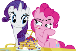 Size: 373x250 | Tagged: safe, artist:seahawk270, character:pinkie pie, character:rarity, species:earth pony, species:pony, species:unicorn, episode:castle sweet castle, g4, my little pony: friendship is magic, blueberry, female, food, mare, pancakes, simple background, strawberry, table, transparent background, vector, whipped cream