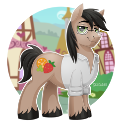 Size: 1200x1200 | Tagged: safe, artist:scheadar, oc, oc:fruitsallad, species:earth pony, species:pony, clothing, glasses, looking at you, male, ponyville, solo, stallion