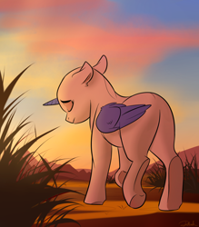 Size: 1000x1140 | Tagged: safe, artist:rutkotka, species:pony, alone, auction, back, commission, female, mare, sad, scenery, sky, sunset, tall grass, walking, your character here