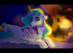 Size: 1610x1160 | Tagged: safe, artist:rutkotka, character:princess cadance, character:princess celestia, species:alicorn, species:pony, :t, cheek squish, cuddling, cute, cutedance, cutelestia, dawwww, ear fluff, eyes closed, eyeshadow, female, filly, fireplace, floppy ears, folded wings, makeup, mare, missing accessory, momlestia, night, nuzzling, on top, pony pile, prone, sleeping, smiling, sparkles, squishy cheeks, wing fluff, wings