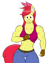 Size: 1280x1570 | Tagged: safe, artist:matchstickman, character:apple bloom, species:anthro, species:pony, abs, apple bloom's bow, apple brawn, biceps, bow, breasts, busty apple bloom, clothing, deltoids, female, fingerless gloves, gloves, hair bow, jeans, looking at you, mare, matchstickman's apple brawn series, midriff, muscles, older, older apple bloom, pants, shirt, shirt lift, simple background, sleeveless, solo, tumblr comic, tumblr:where the apple blossoms, white background