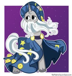Size: 1584x1677 | Tagged: safe, artist:redpalette, character:star swirl the bearded, species:pony, species:unicorn, beard, clothing, facial hair, hat, male, moustache, purple background, robe, simple background, solo, stallion, wizard, wizard hat