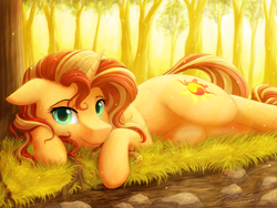 Size: 2828x2121 | Tagged: safe, artist:novaintellus, character:sunset shimmer, species:pony, species:unicorn, cute, female, forest, high res, looking at you, lying down, mare, on side, prone, shimmerbetes, smiling, solo