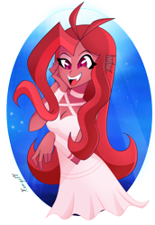 Size: 2448x3564 | Tagged: safe, artist:xan-gelx, oc, oc:mezma, species:siren, my little pony:equestria girls, birthday art, breasts, cleavage, clothing, dress, female, happy, happy birthday, high res, open mouth, siren oc, sleeveless, smiling, solo