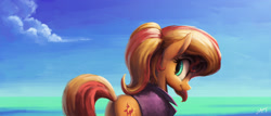 Size: 2100x900 | Tagged: safe, artist:lollipony, character:sunset shimmer, species:pony, species:unicorn, :t, alternate hairstyle, beach, bottomless, clothing, cloud, cute, female, jacket, looking back, mare, ocean, partial nudity, plot, ponytail, shimmerbetes, sky, solo