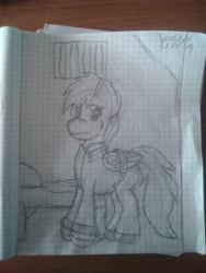 Size: 1944x2592 | Tagged: safe, artist:terminalhash, character:rainbow dash, species:pony, bound wings, clothing, cuffs, female, graph paper, prison outfit, prisoner rd, shackles, sketch, solo, traditional art, wing cuffs