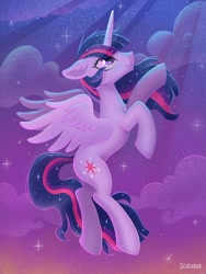 Size: 1200x1600 | Tagged: safe, artist:scheadar, character:twilight sparkle, character:twilight sparkle (alicorn), species:alicorn, species:pony, cloud, cutie mark, ethereal mane, female, flying, galaxy mane, mare, shooting star, smiling, solo, starry sky, ultimate twilight