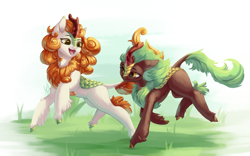 Size: 2000x1250 | Tagged: safe, artist:peachmayflower, character:autumn blaze, character:cinder glow, character:summer flare, species:kirin, episode:sounds of silence, g4, my little pony: friendship is magic, awwtumn blaze, cloven hooves, cute, duo, female, grass, kirinbetes, leonine tail, open mouth, running, smiling