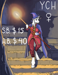 Size: 700x891 | Tagged: safe, artist:adeptus-monitus, oc, species:anthro, species:pony, species:unicorn, advertisement, catacomb, clothing, commission, hat, magic staff, wizard, wizard hat, ych example, your character here