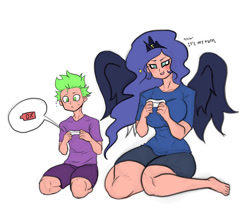 Size: 1393x1169 | Tagged: safe, artist:franschesco, character:princess luna, character:spike, species:human, gamer luna, alicorn humanization, breasts, busty princess luna, console, dead battery, horned humanization, humanized, winged humanization, wings