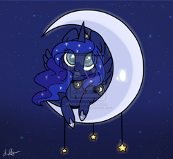 Size: 900x828 | Tagged: dead source, safe, artist:rannarbananar, character:princess luna, crescent moon, deviantart watermark, female, moon, obtrusive watermark, solo, stars, tangible heavenly object, transparent moon, watermark