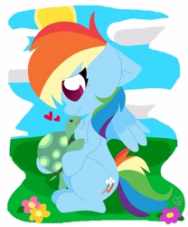 Size: 3413x4096 | Tagged: safe, artist:kittyrosie, character:rainbow dash, character:tank, species:pegasus, species:pony, chest fluff, cute, dashabetes, female, floppy ears, flower, heart, mare, profile, smiling, tankabetes, tortoise