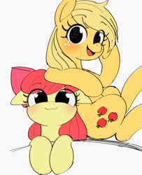 Size: 1022x1256 | Tagged: safe, artist:manachaaaaaaaa, character:apple bloom, character:applejack, species:earth pony, species:pony, :3, adorabloom, apple siblings, blushing, cute, cutie mark, dawwww, female, filly, floppy ears, freckles, happy, jackabetes, leaning, looking at you, mare, simple background, sisters, sitting, smiling, white background