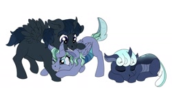 Size: 2048x1149 | Tagged: safe, artist:pastel-charms, oc, oc only, oc:morpheus, oc:obsidian, oc:selene, parent:pharynx, parent:princess luna, parents:lunarynx, species:alicorn, species:changepony, species:pony, curved horn, female, horn, male, offspring, simple background, white background