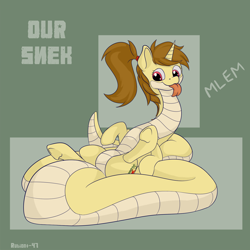 Size: 1500x1500 | Tagged: safe, artist:rubiont, oc, oc only, oc:katya ironstead, species:alicorn, species:pony, alicorn oc, big tail, communism, fat tail, long neck, lying down, mlem, original species, our, silly, snake, snake pony, soviet, tail, tongue out