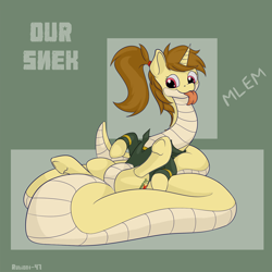 Size: 1500x1500 | Tagged: safe, alternate version, artist:rubiont, oc, oc only, oc:katya ironstead, species:alicorn, species:pony, alicorn oc, big tail, clothing, communism, fat tail, long neck, lying down, mlem, original species, our, silly, snake, snake pony, soviet, tail, tongue out